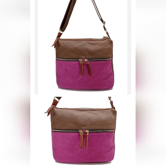 Fossil Erin Canvas & Leather Crossbody Handbag Pink Brown Top Zip - Picture 13 of 13